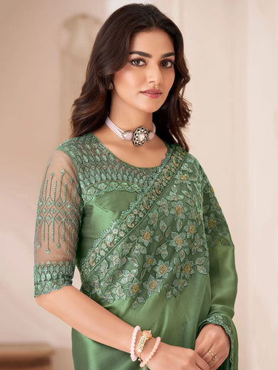Enchanting Dusty Green Heavy Border Work Georgette Mehendi Wear Saree
